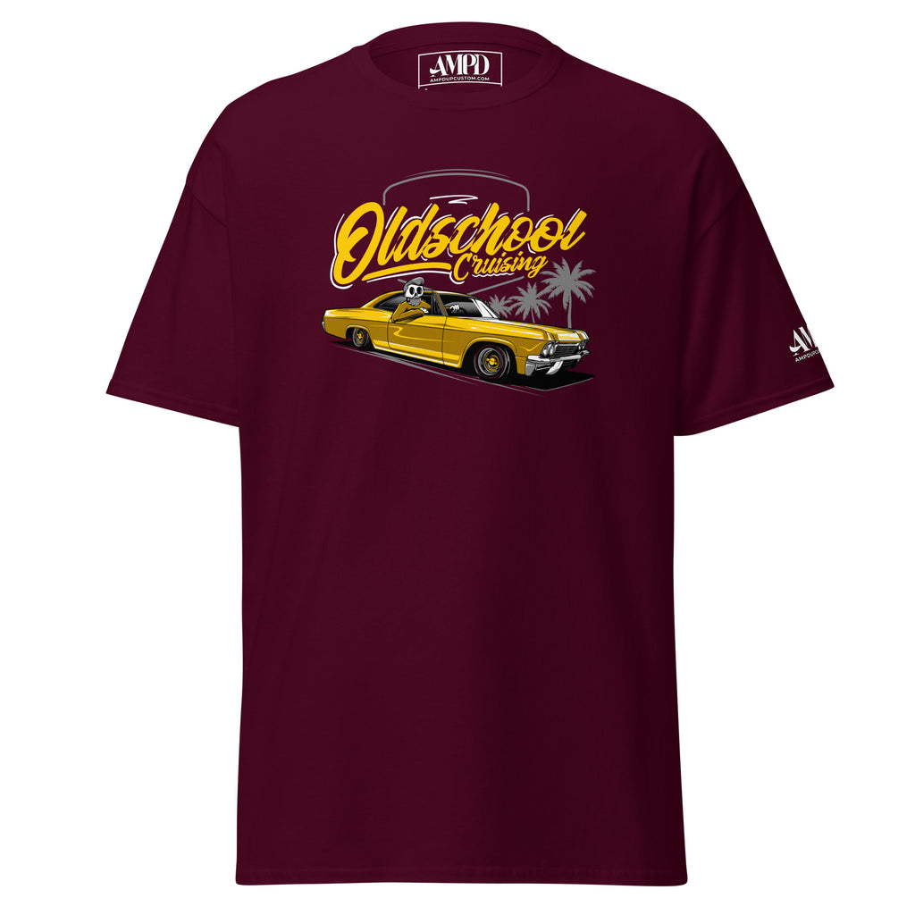 Old School Cruisin Classic Lowrider T-Shirt | AMPD featuring a vintage car design on a maroon background