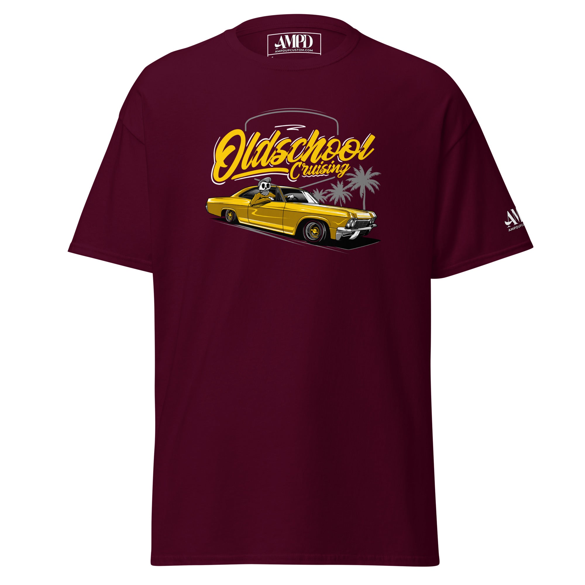 Old School Cruisin Classic Lowrider T-Shirt | AMPD featuring a vintage car design on a maroon background