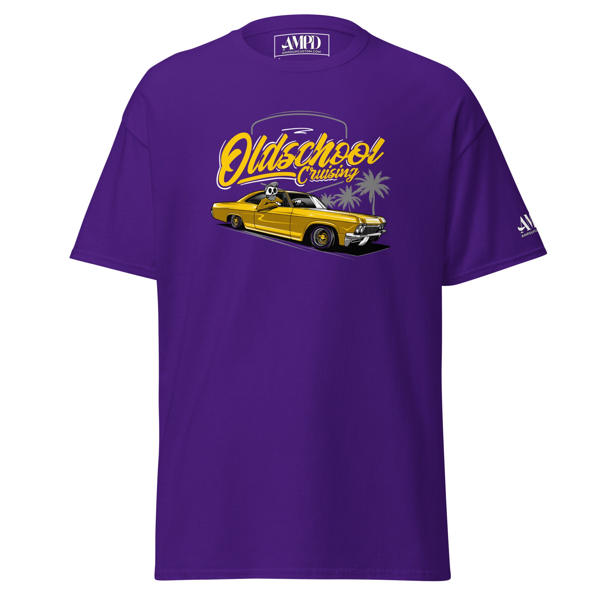 Old School Cruisin Classic Lowrider T-Shirt | AMPD in purple featuring a vintage lowrider car graphic