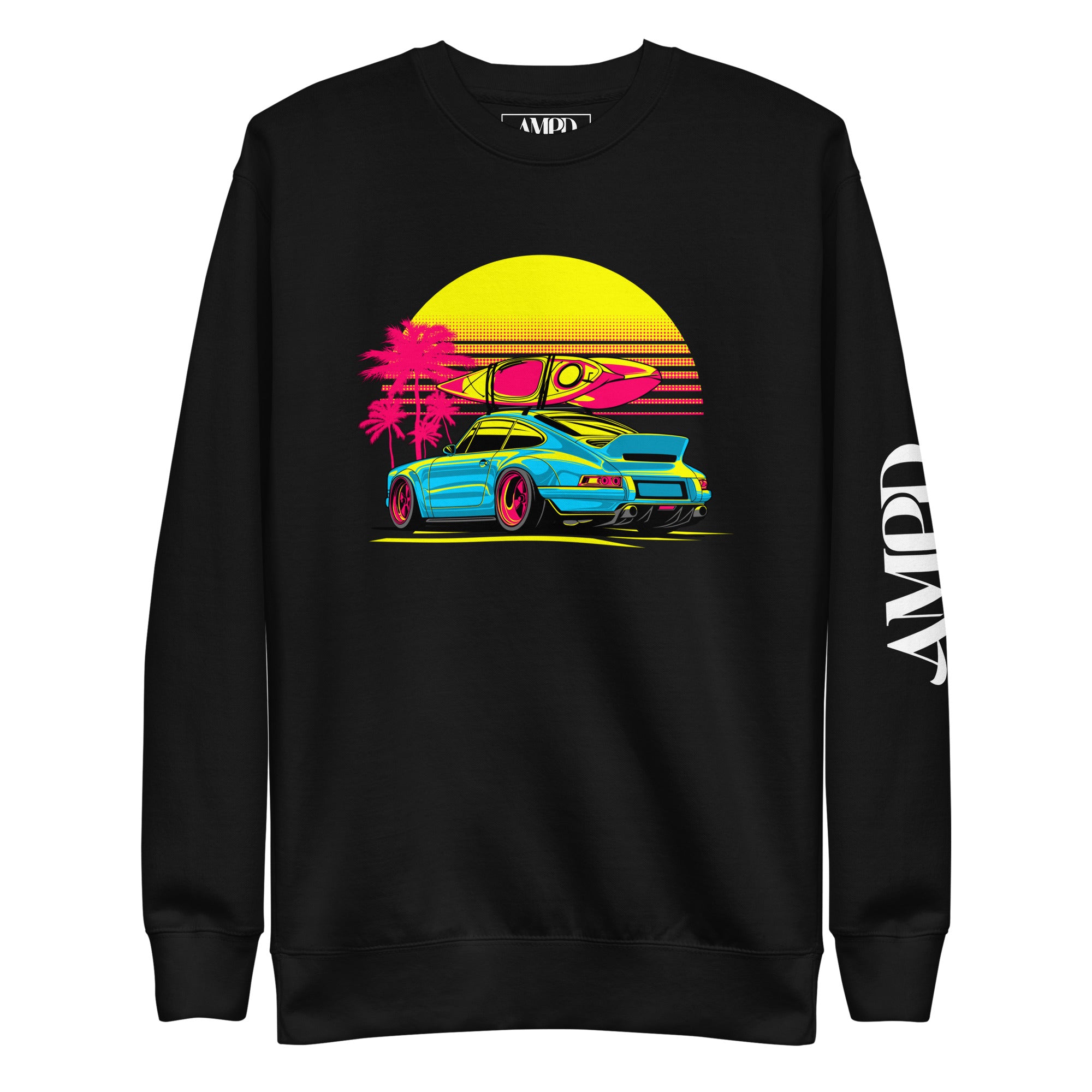 Amp'd Up Custom Porsche Sunset Sports Car Graphic Sweatshirt Golden Hour with palm trees and retro design