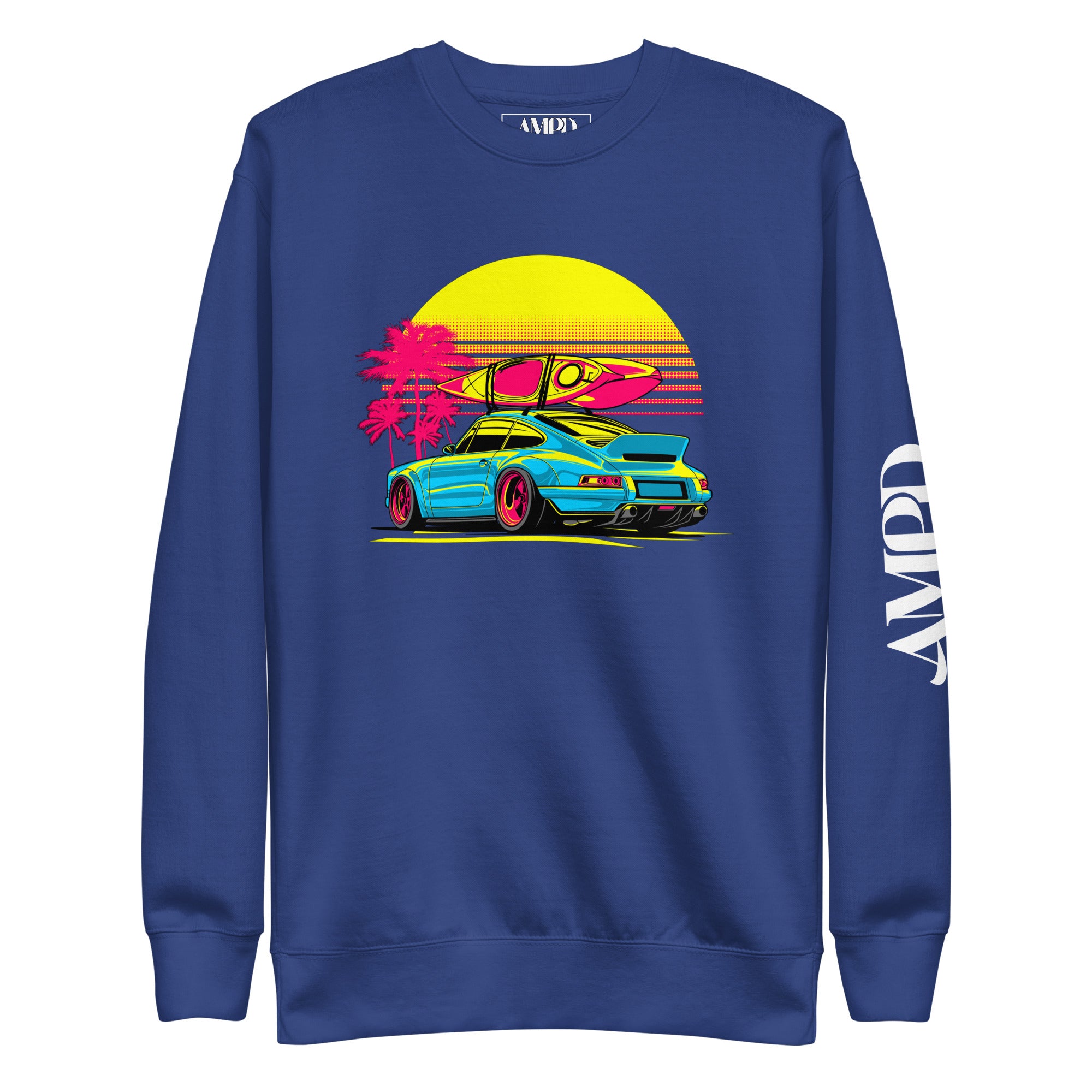 Amp'd Up Custom Porsche Sunset Sports Car Graphic Sweatshirt Golden Hour featuring vibrant colors and surf theme