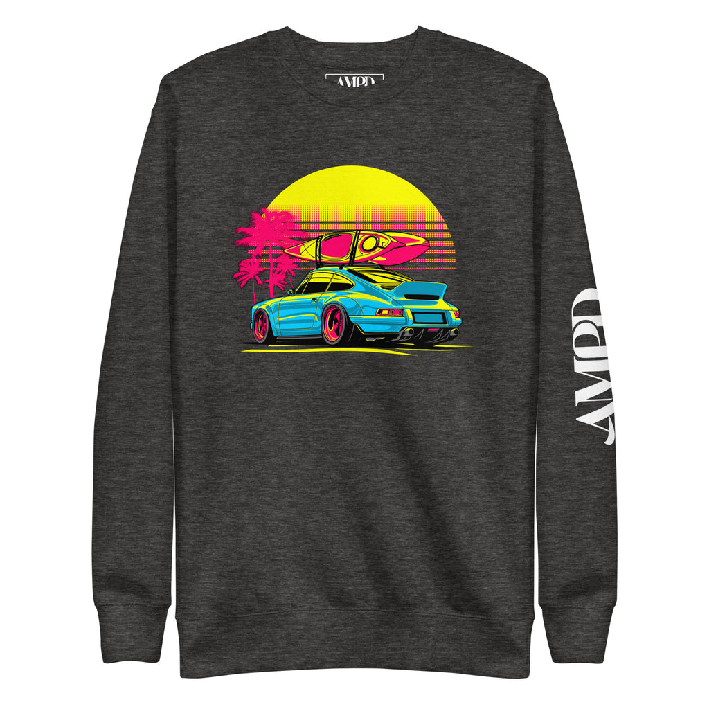 Amp'd Up Custom Porsche Sunset Sports Car Graphic Sweatshirt Golden Hour with vibrant colors and surfboard design