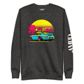 Amp'd Up Custom Porsche Sunset Sports Car Graphic Sweatshirt Golden Hour with vibrant colors and surfboard design