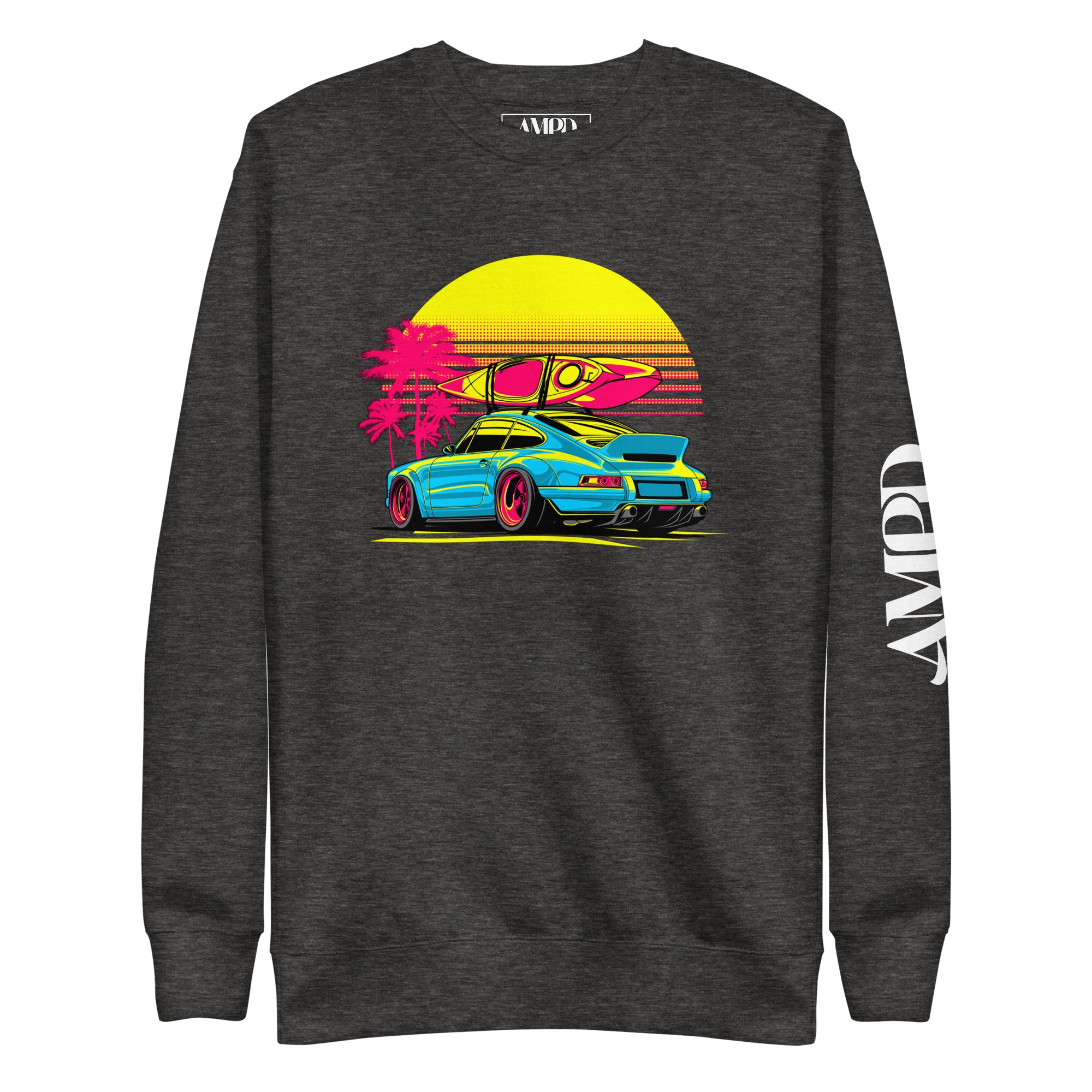 Amp'd Up Custom Porsche Sunset Sports Car Graphic Sweatshirt Golden Hour with vibrant colors and surfboard design