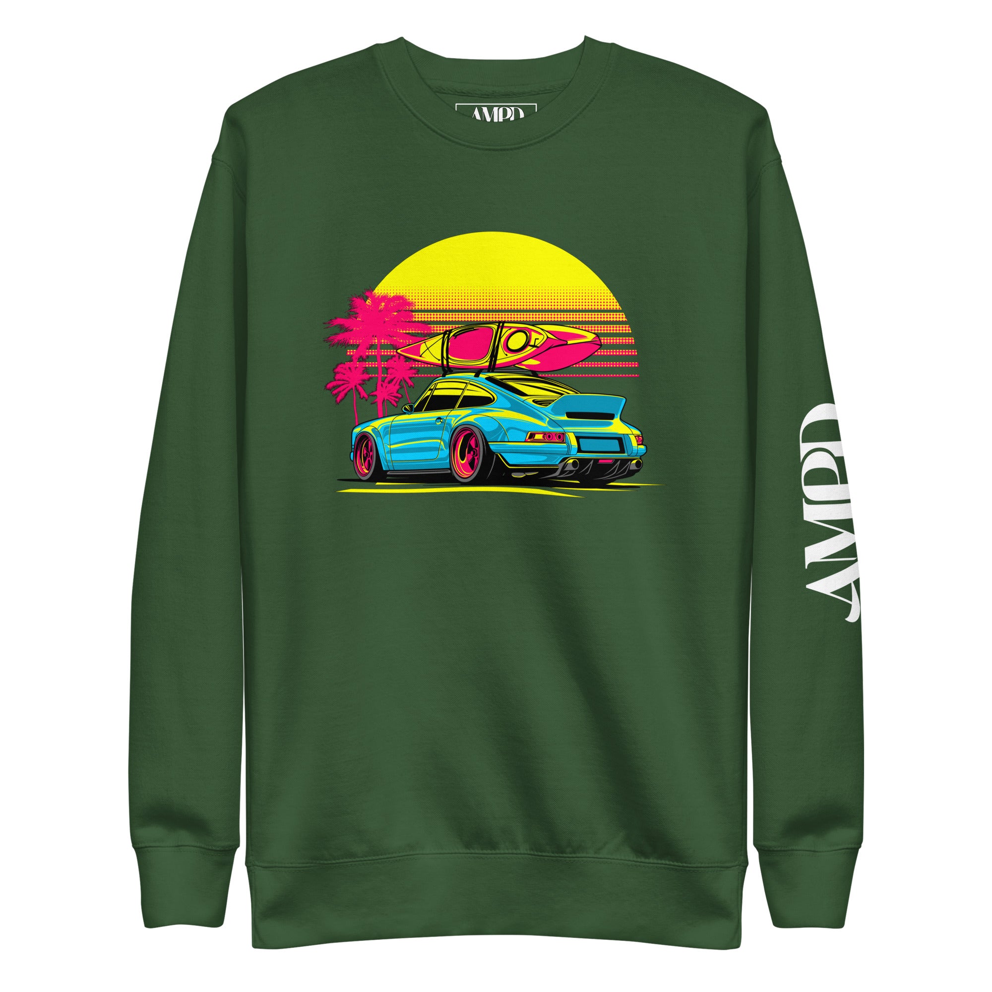 Amp'd Up Custom Porsche Sunset Sports Car Graphic Sweatshirt Golden Hour with vibrant retro design