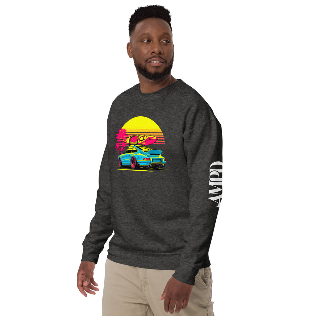 Amp'd Up Custom Porsche Sunset Sports Car Graphic Sweatshirt Golden Hour with vibrant colors and sunset design