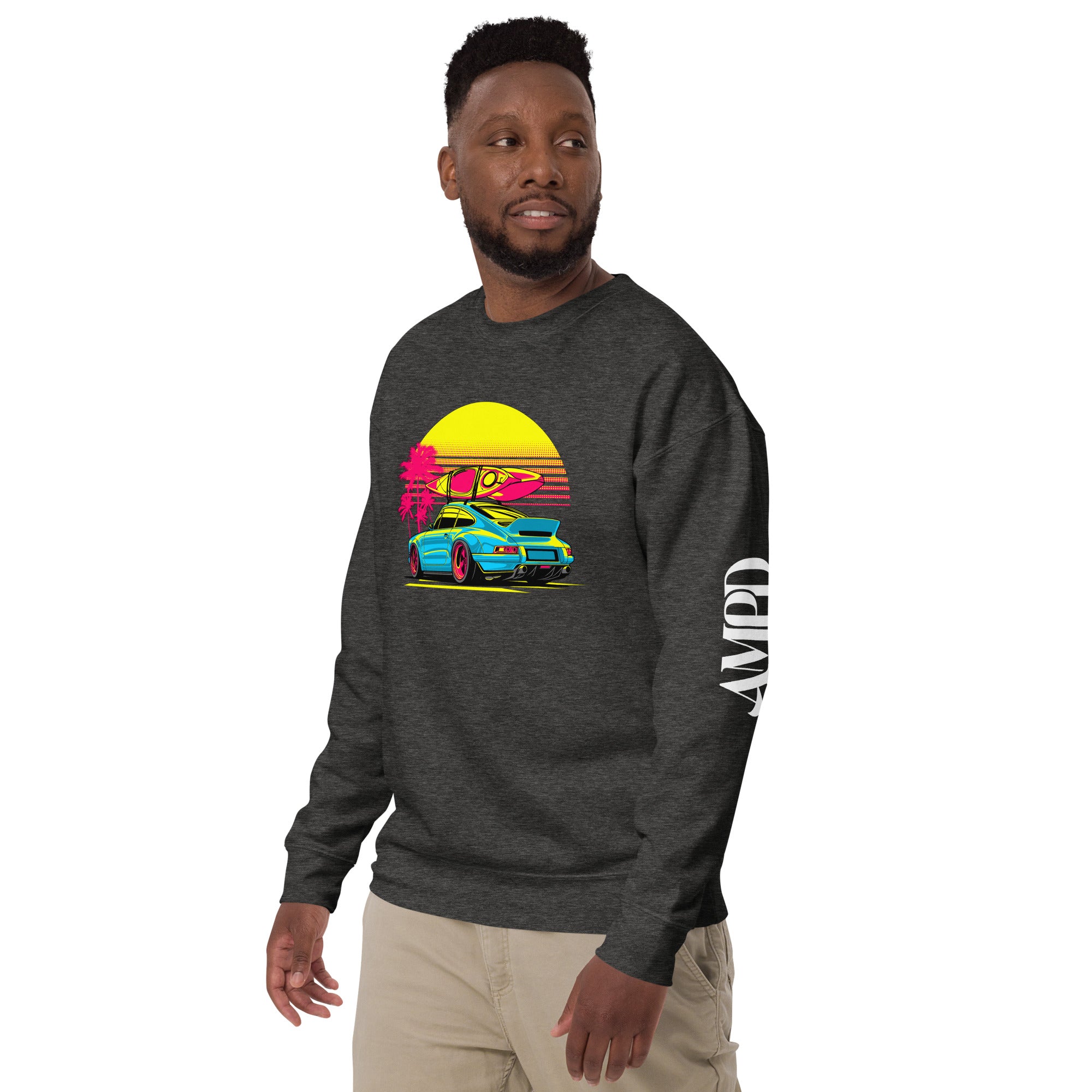 Amp'd Up Custom Porsche Sunset Sports Car Graphic Sweatshirt Golden Hour with vibrant colors and sunset design