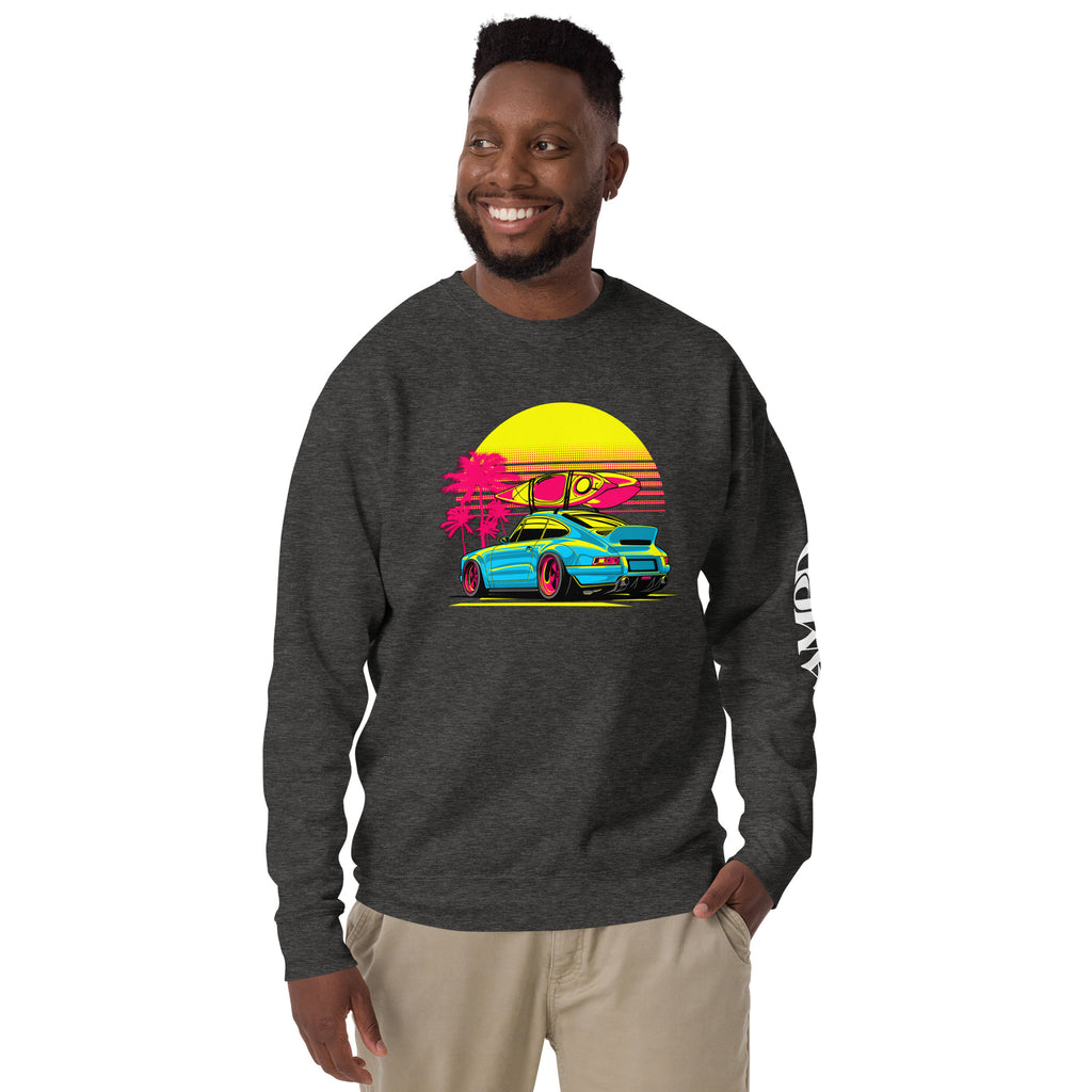 Amp'd Up Custom Porsche Sunset Sports Car Graphic Sweatshirt Golden Hour with vibrant design