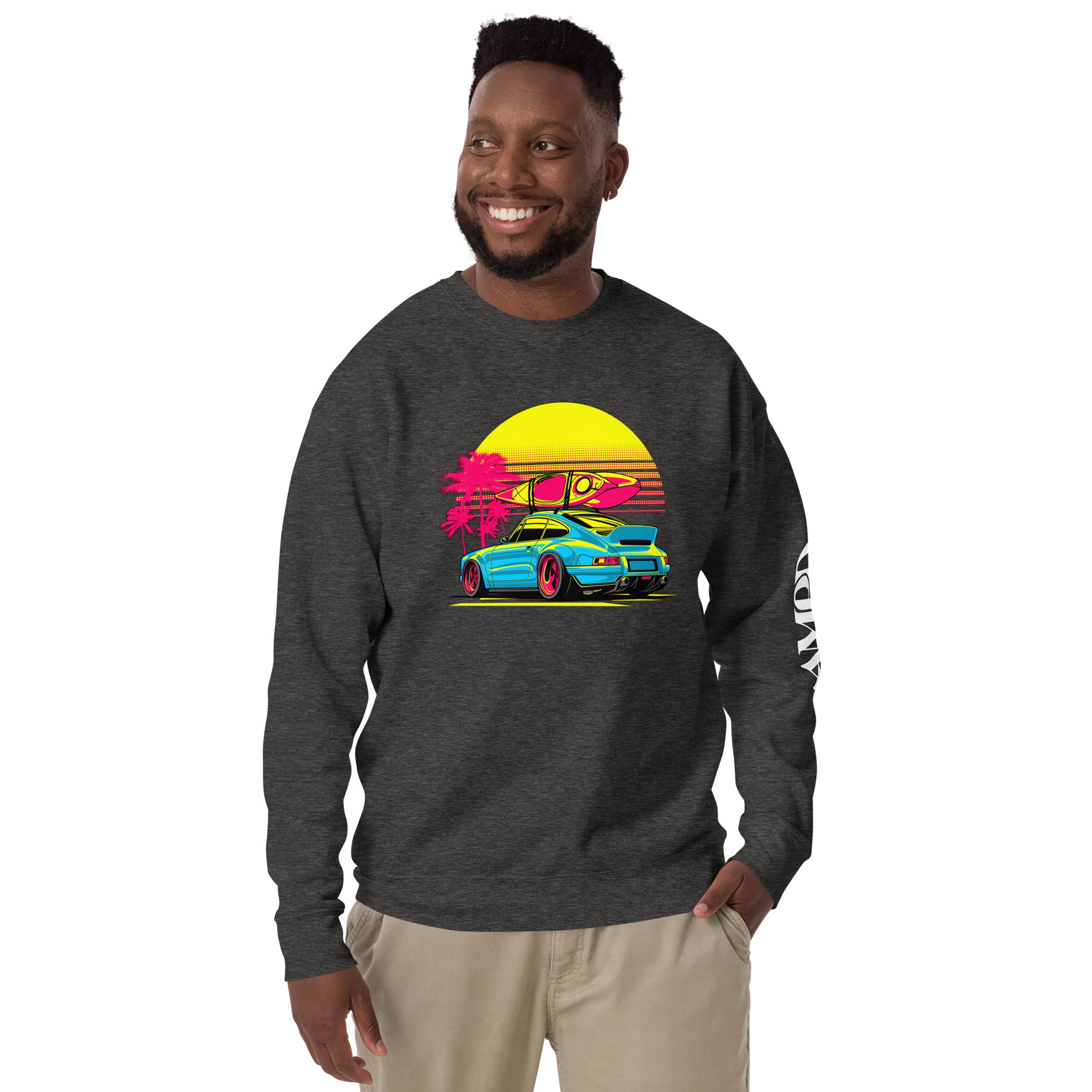 Amp'd Up Custom Porsche Sunset Sports Car Graphic Sweatshirt Golden Hour with vibrant design