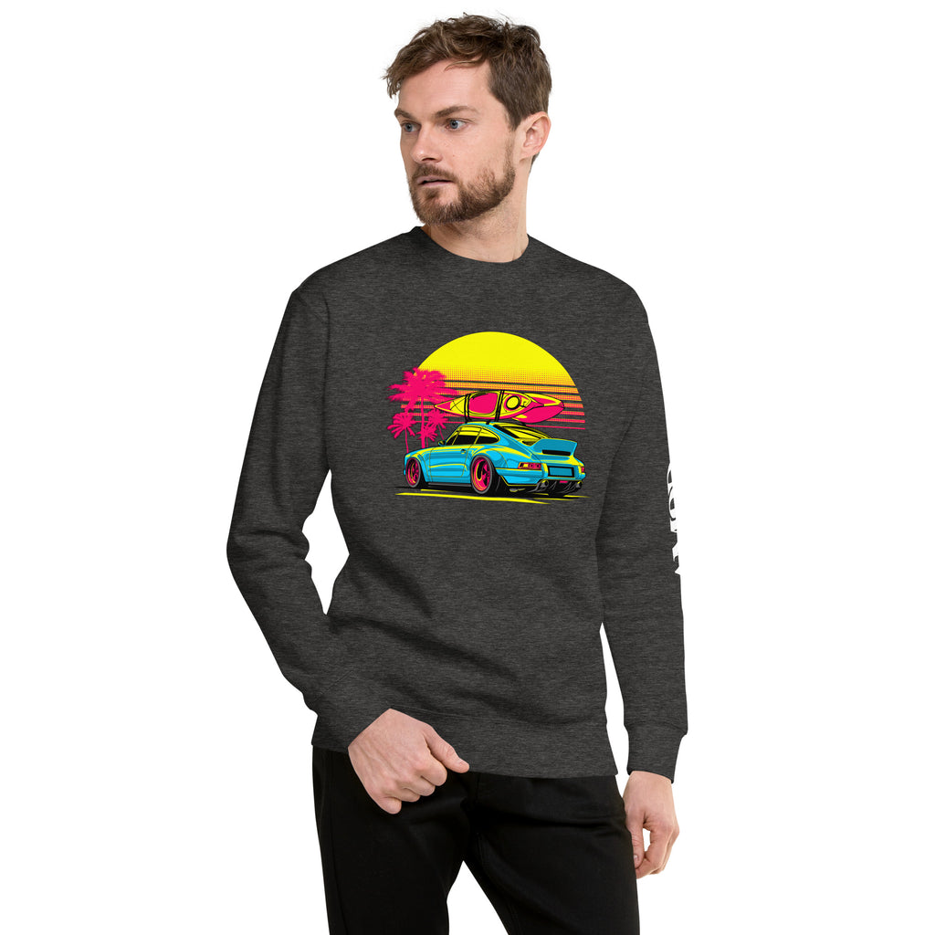Amp'd Up Custom Porsche Sunset Sports Car Graphic Sweatshirt Golden Hour featuring vibrant colors and a stylish design