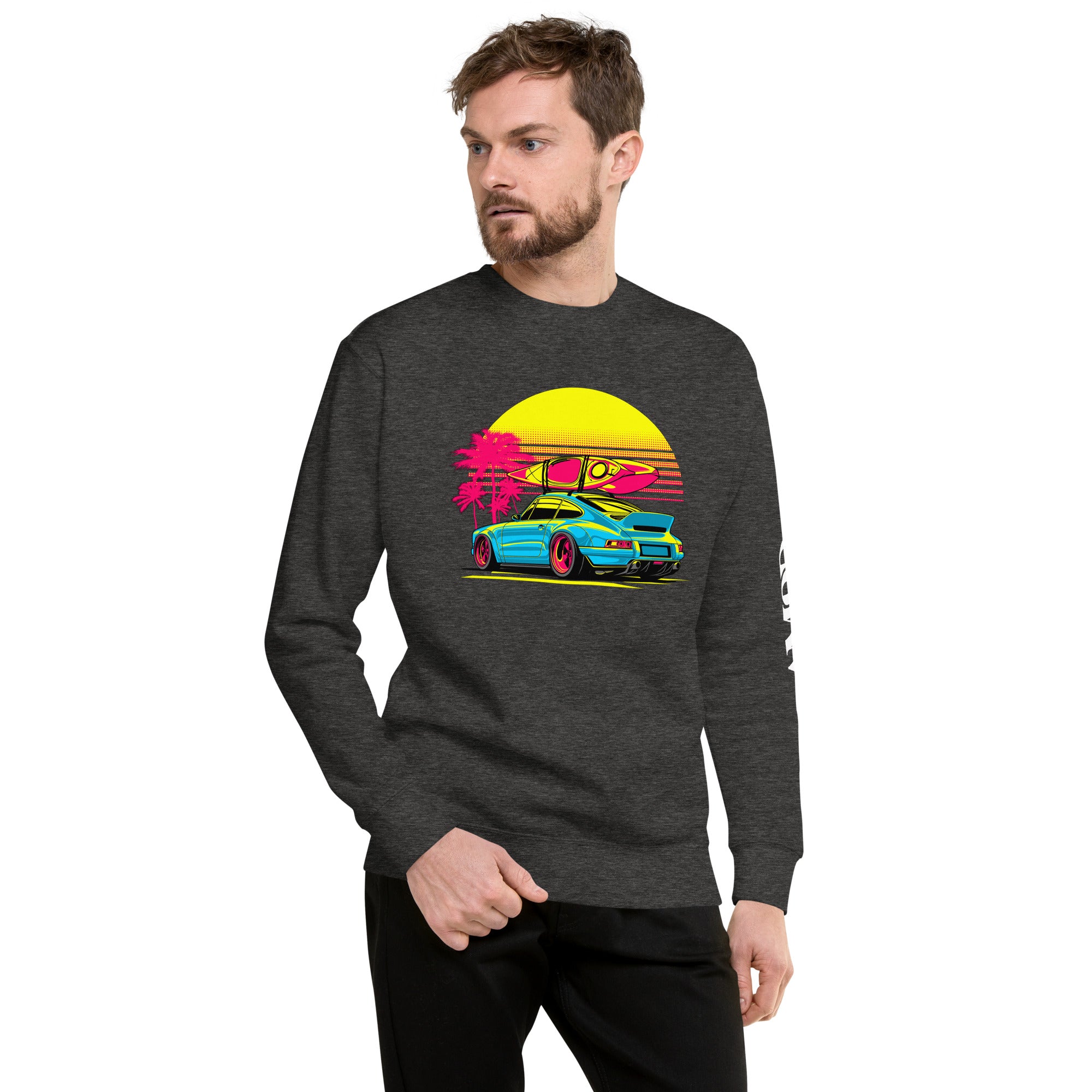 Amp'd Up Custom Porsche Sunset Sports Car Graphic Sweatshirt Golden Hour featuring vibrant colors and a stylish design