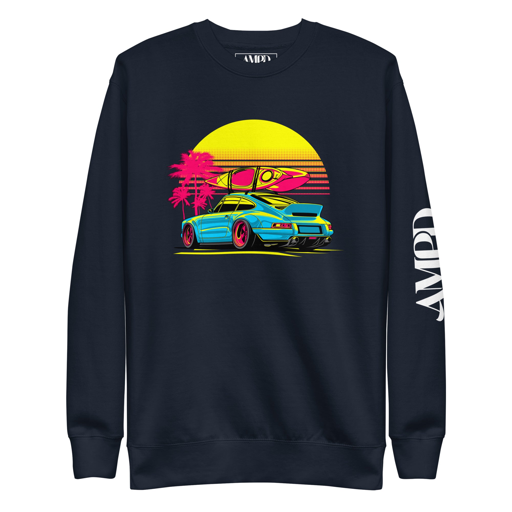 Amp'd Up Custom Porsche Sunset Sports Car Graphic Sweatshirt Golden Hour with vibrant artwork