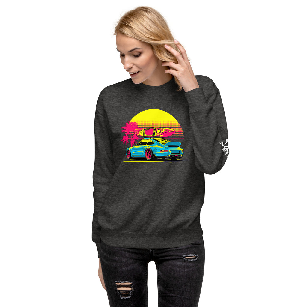 Amp'd Up Custom Porsche Sunset Sports Car Graphic Sweatshirt Golden Hour with vibrant colors and palm trees