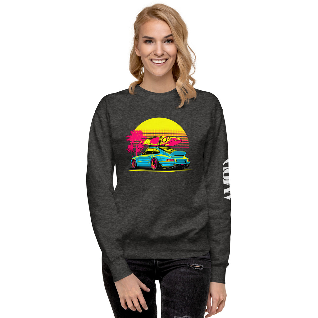 Woman wearing Porsche Sunset Sports Car Graphic Sweatshirt Golden Hour featuring a vibrant car design