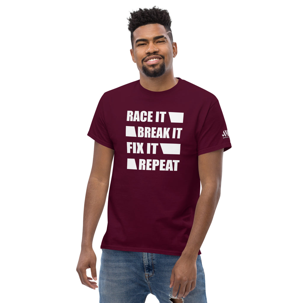 Amp'd Up Custom Race It Break It Fix It Repeat T-Shirt in Maroon Color for Enthusiasts