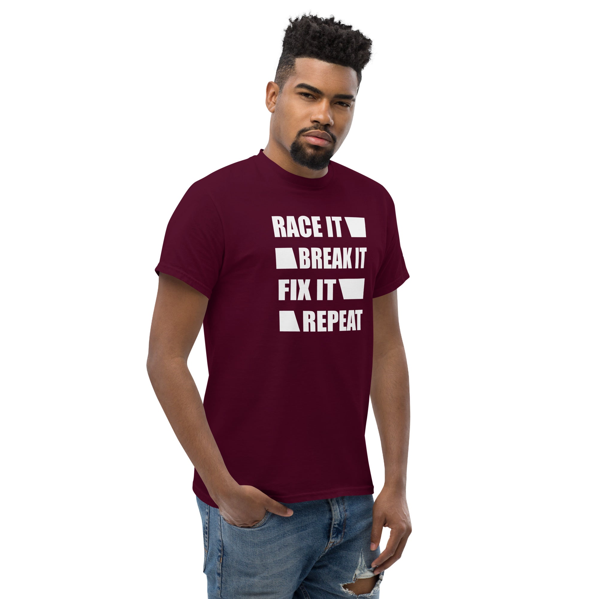 Amp'd Up Custom Race It Break It Fix It Repeat T-Shirt in burgundy for casual wear