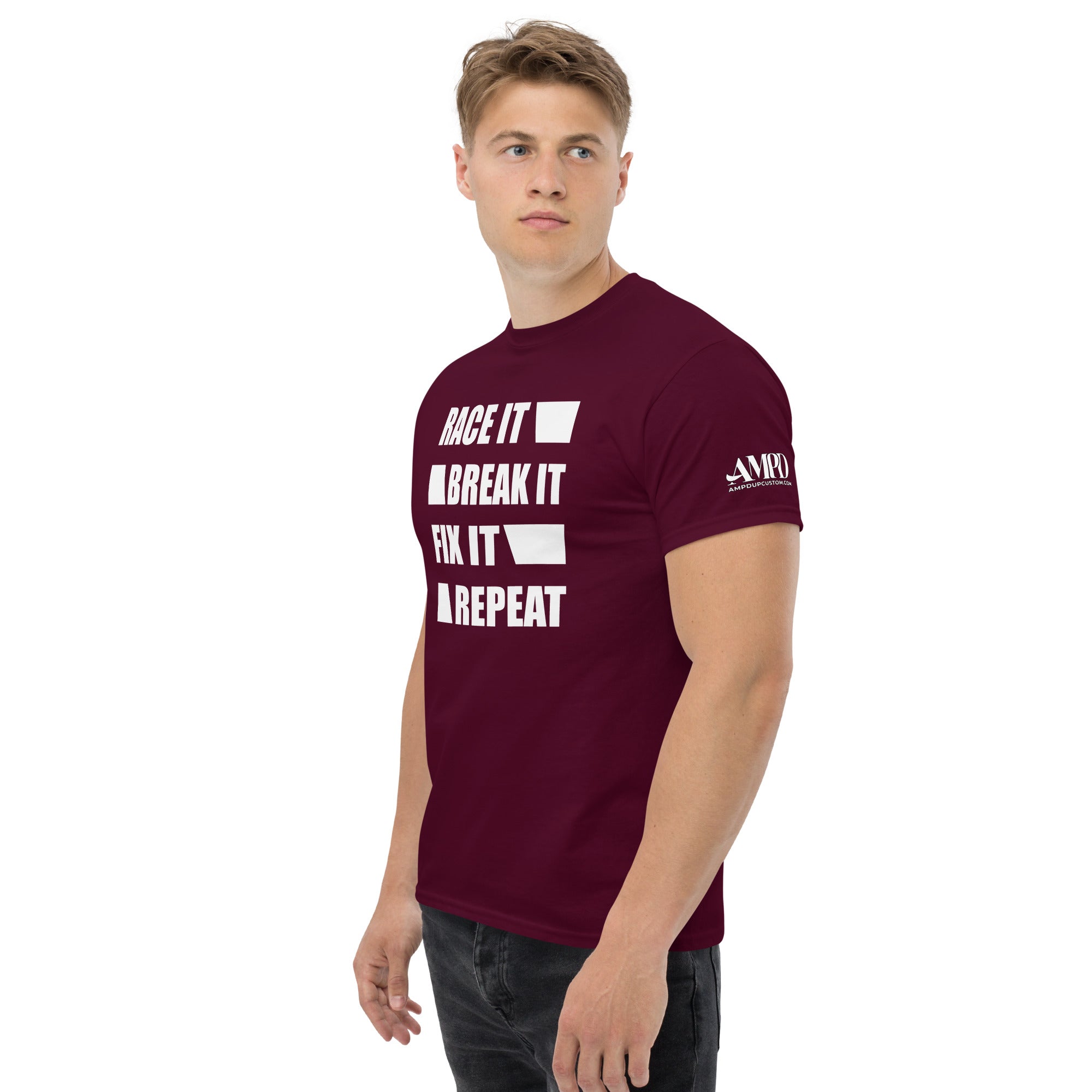 Race It Break It Fix It Repeat T-Shirt | AMPD in maroon featuring bold white text for a casual style