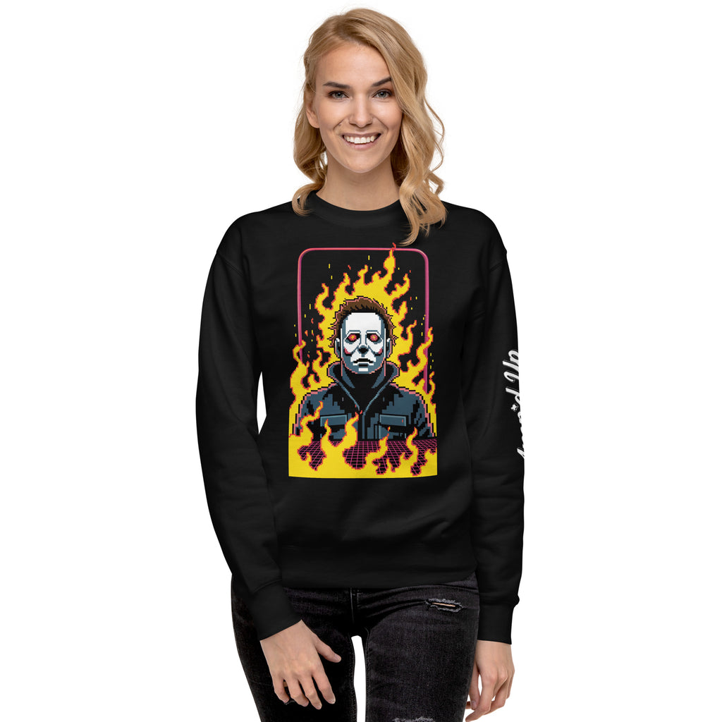 Woman wearing Amp'd Up Custom Retro Classic Jason Sweatshirt with a fiery graphic design