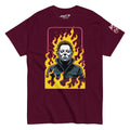 Retro Classic Jason T-Shirt | AMPD featuring a pixel art design of Jason with flames on a burgundy tee
