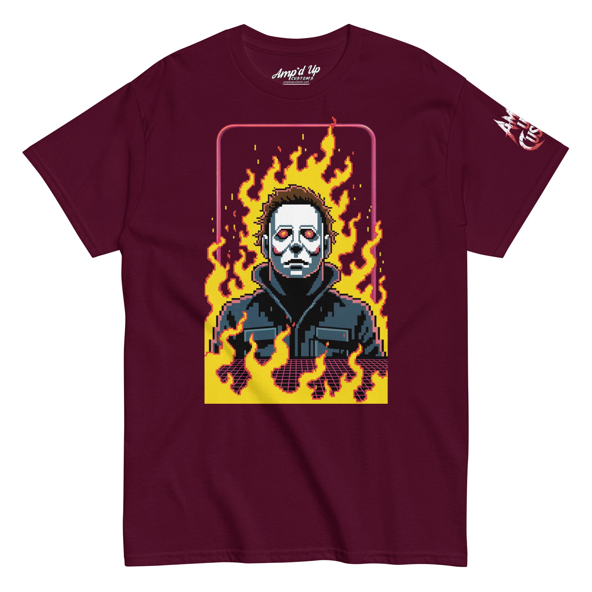 Retro Classic Jason T-Shirt | AMPD featuring a pixel art design of Jason with flames on a burgundy tee