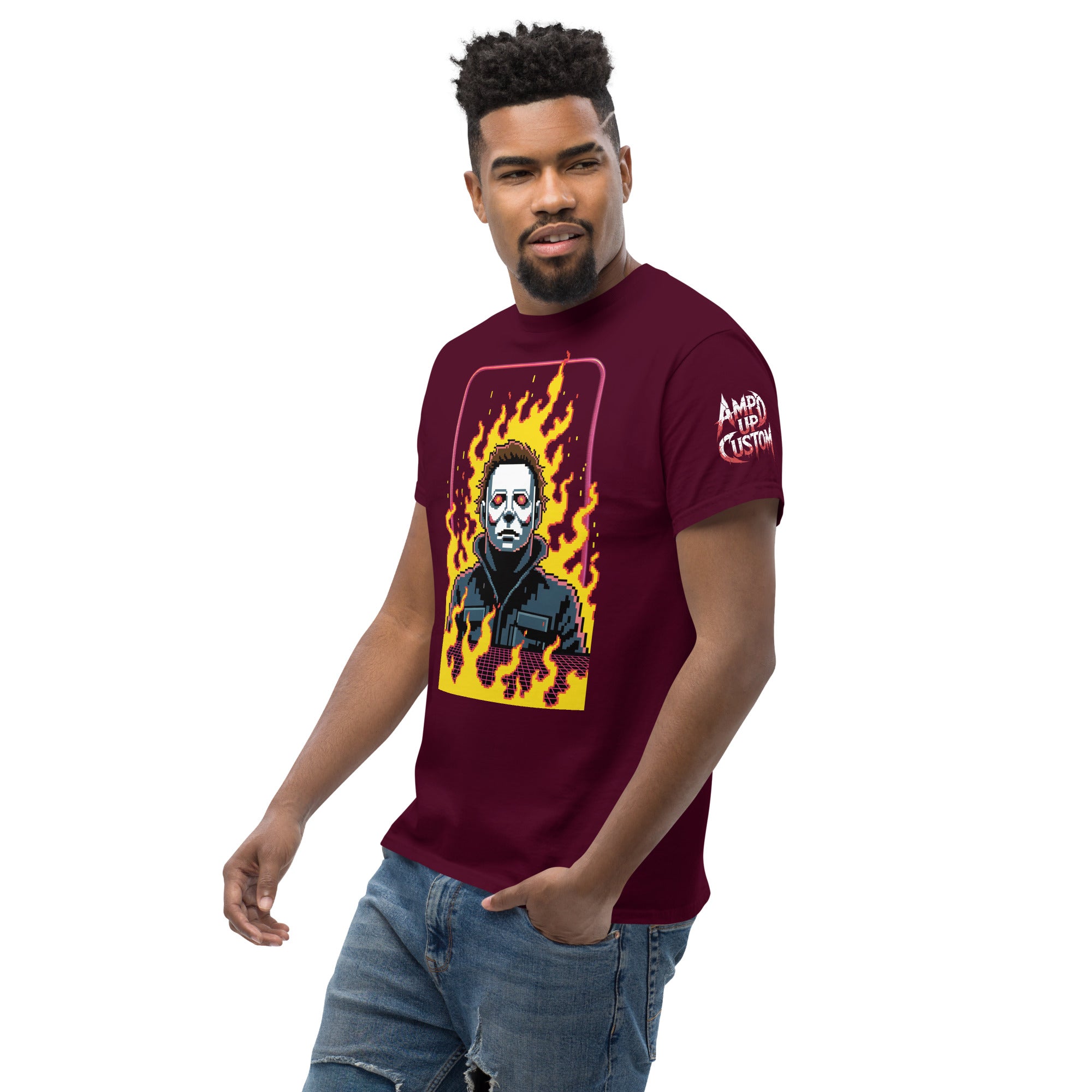 Amp'd Up Custom Retro Classic Jason T-Shirt featuring a bold graphic design on a maroon background