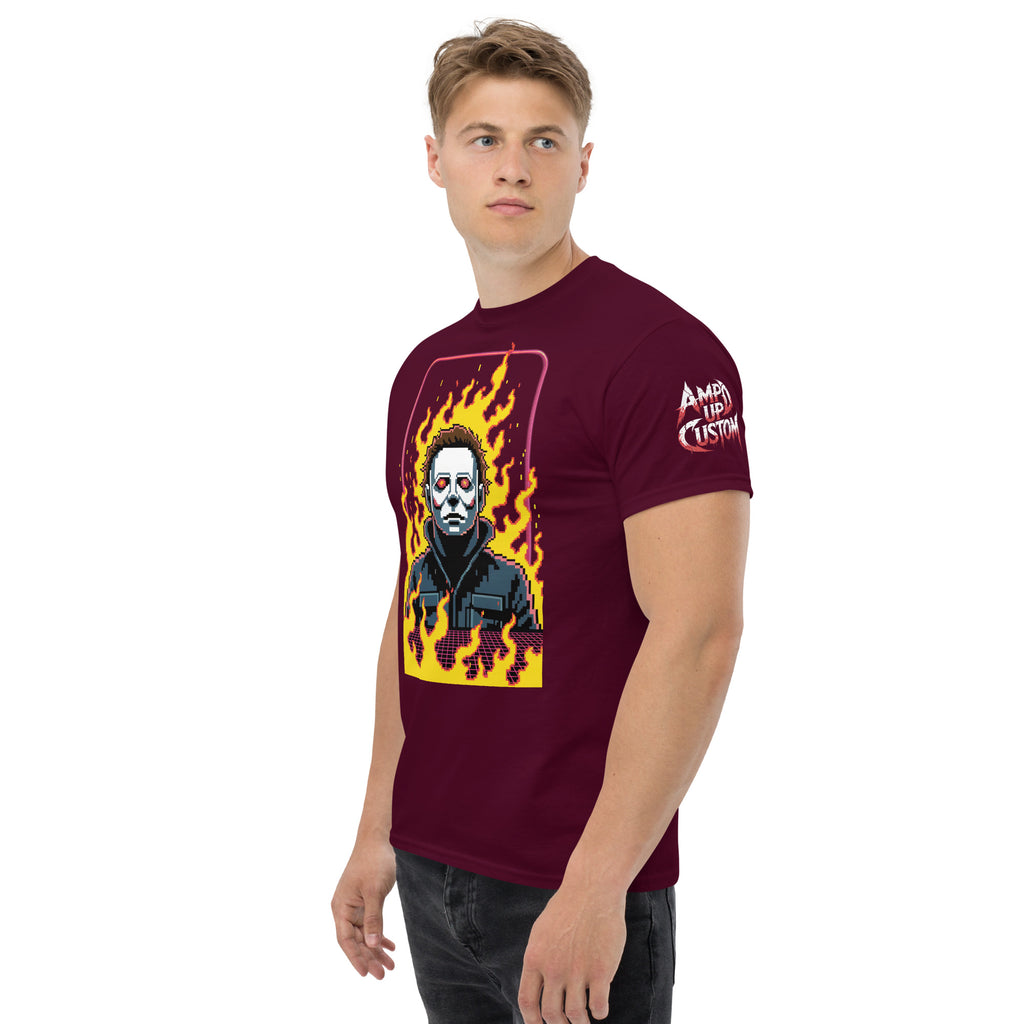 Retro Classic Jason T-Shirt | AMPD featuring a graphic of Jason surrounded by flames on a maroon background