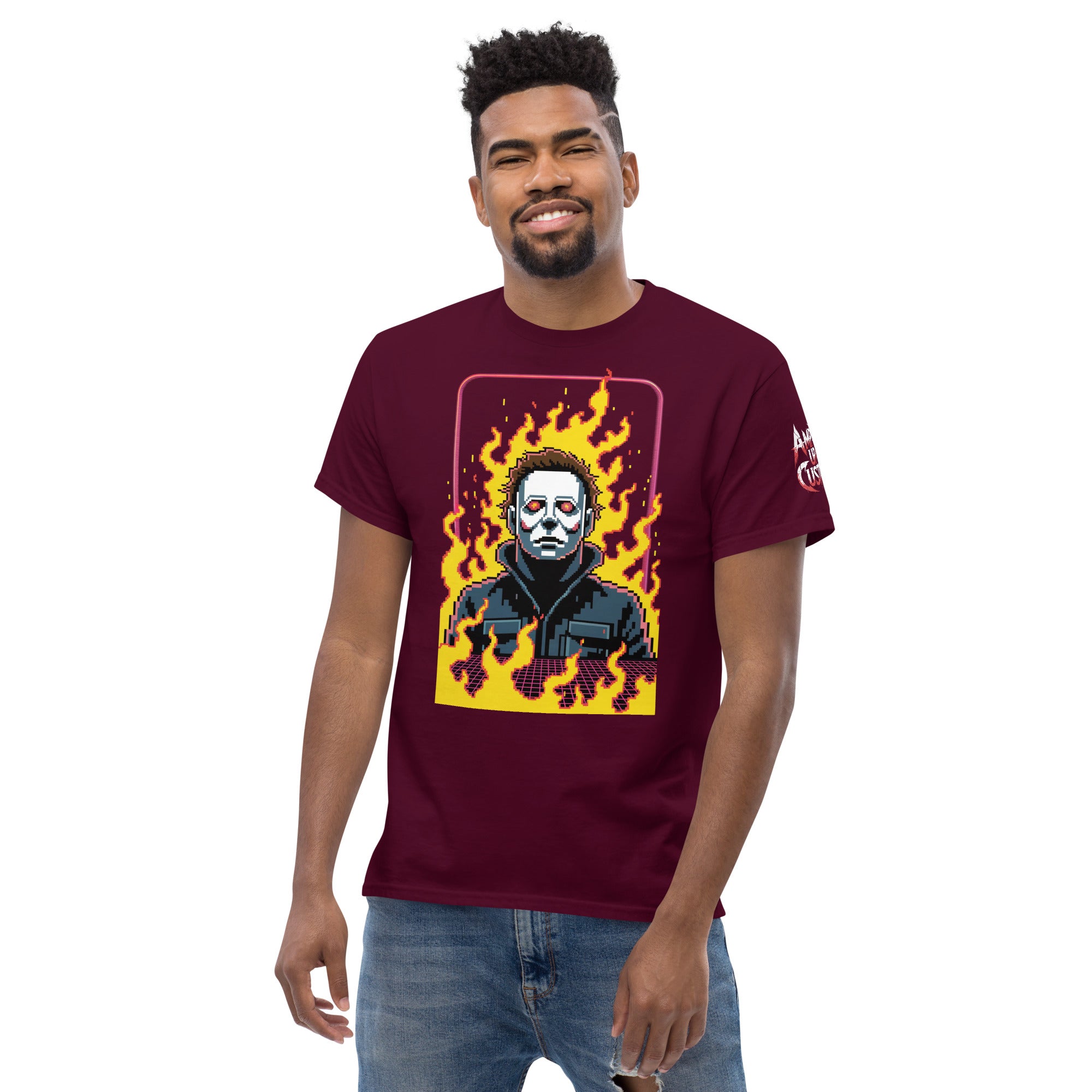 Retro Classic Jason T-Shirt | AMPD featuring a graphic of Jason surrounded by flames on a maroon shirt