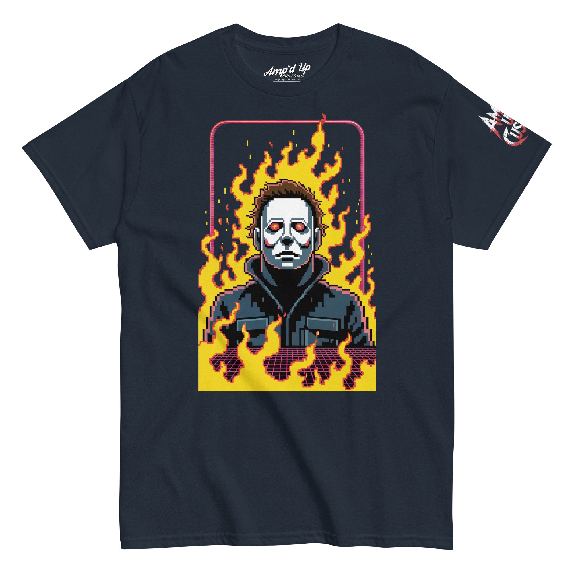 Retro Classic Jason T-Shirt | AMPD featuring a pixel art Jason design on a navy blue shirt