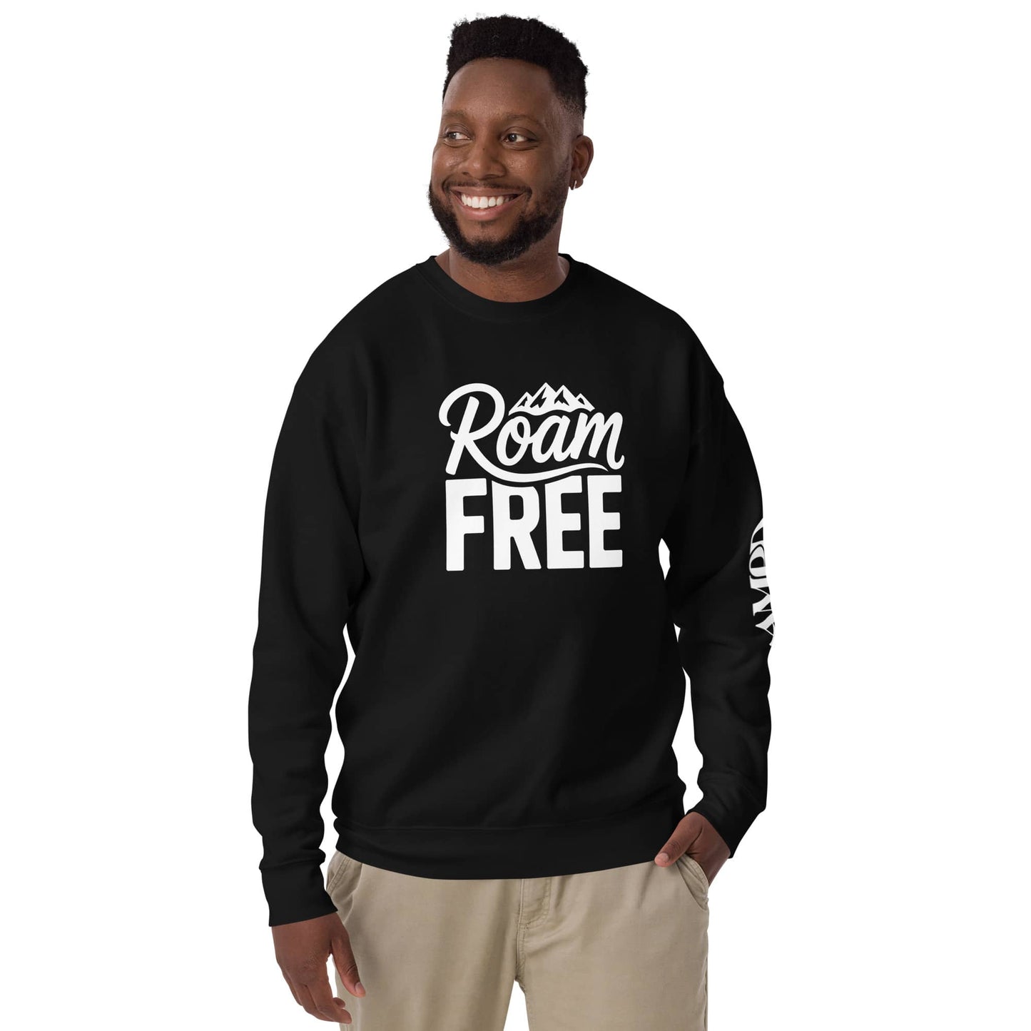 Amp'd Up Custom Roam Free Sweatshirt Outdoor Explorer Tee for Hikers, Travelers & Wanderers in Black