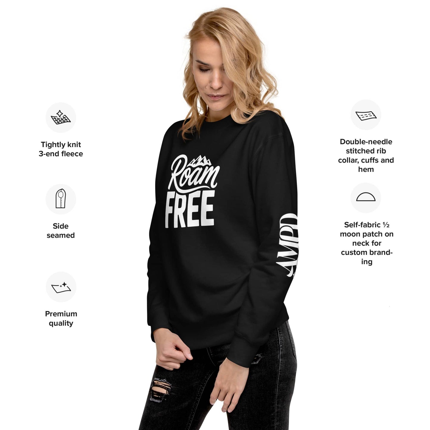 Black Amp'd Up Custom Roam Free Sweatshirt Outdoor Explorer Tee for Hikers, Travelers & Wanderers