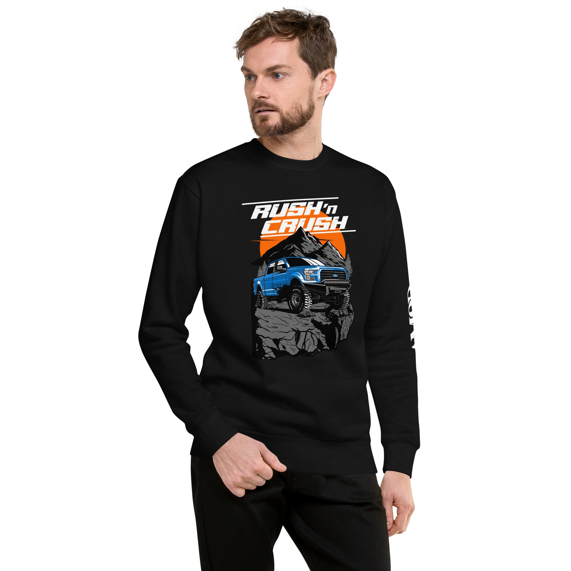 Rush n' Crush Off-Road Sweatshirt | AMPD featuring a blue truck on rocky terrain in a black design