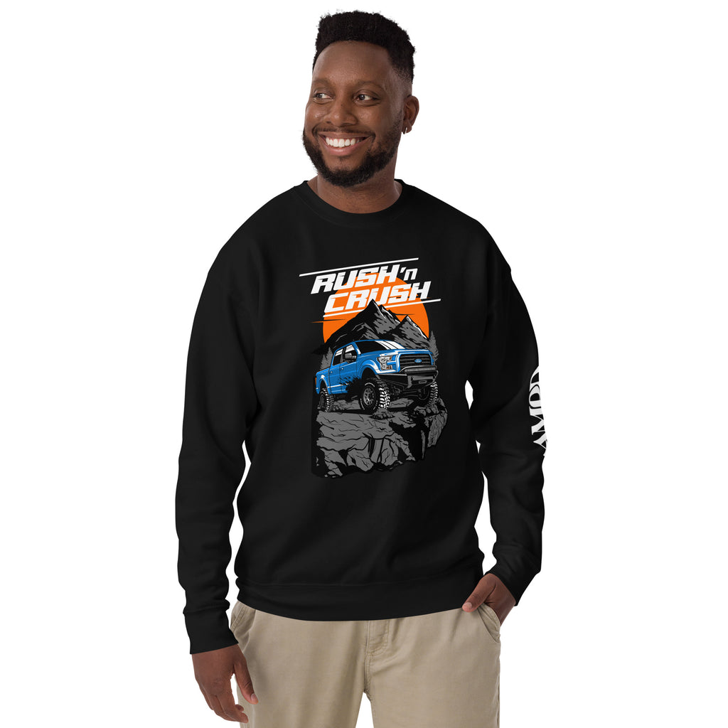 Rush n' Crush Off-Road Sweatshirt | AMPD featuring a blue truck graphic on a black background