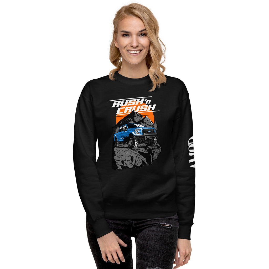 Rush n' Crush Off-Road Sweatshirt | AMPD featuring a graphic of an off-road vehicle on a black background
