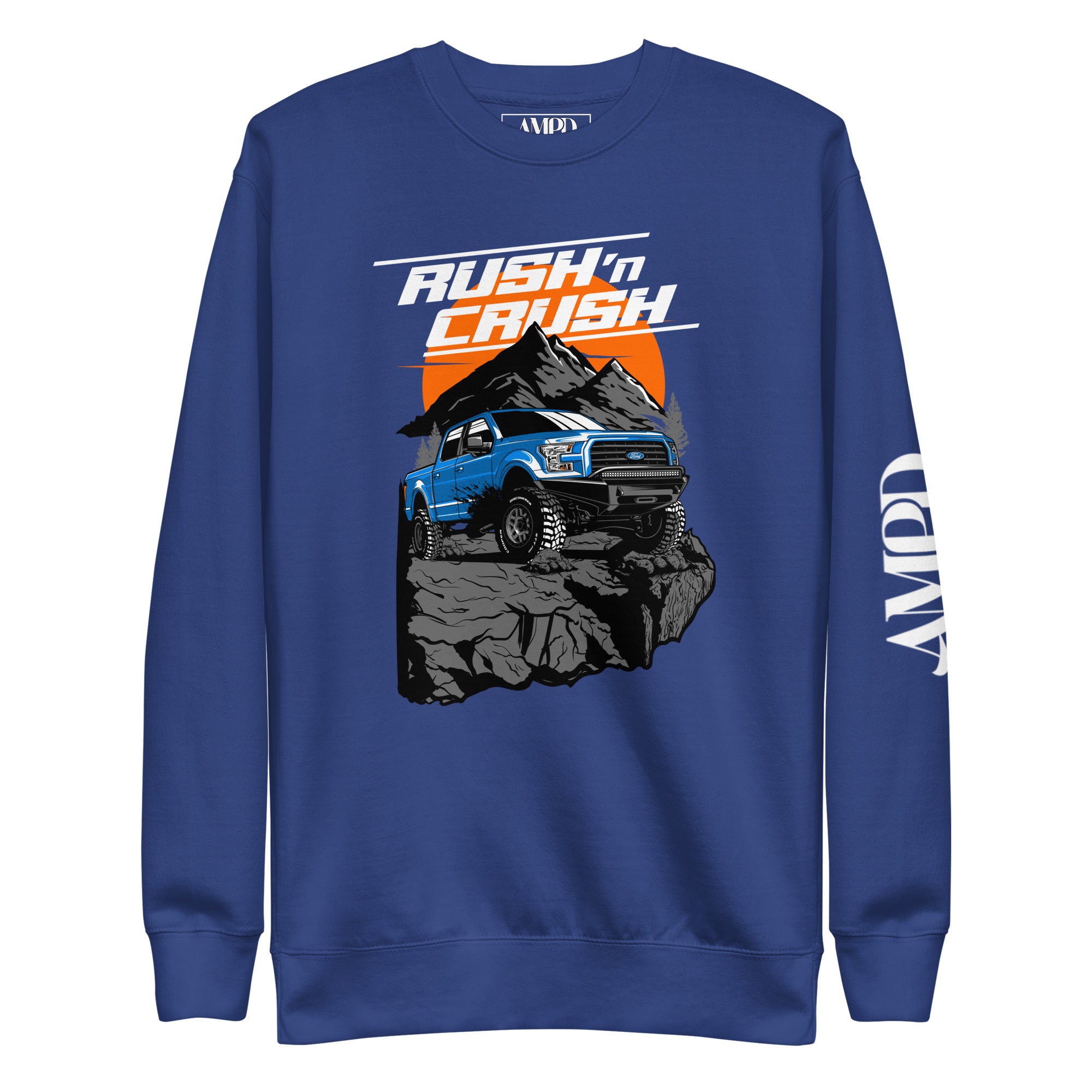Rush n' Crush Off-Road Sweatshirt | AMPD featuring a blue truck on a mountain peak design