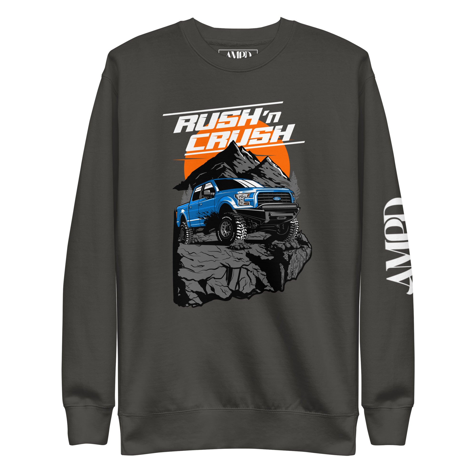 Rush n' Crush Off-Road Sweatshirt | AMPD featuring a blue truck on a rocky mountain design