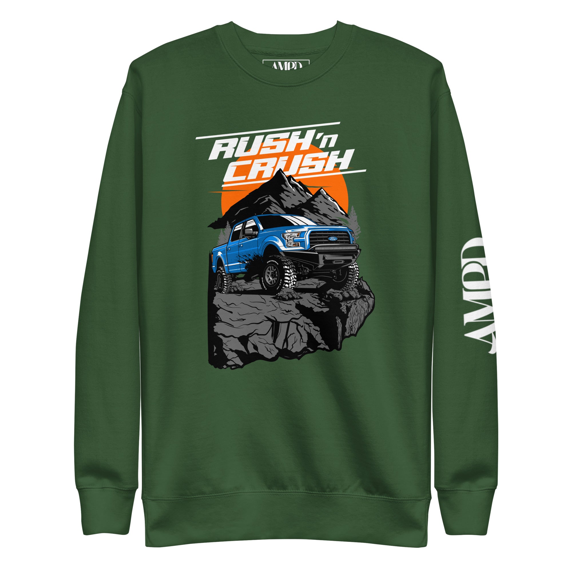 Rush n' Crush Off-Road Sweatshirt | AMPD in green featuring a truck on rocky terrain