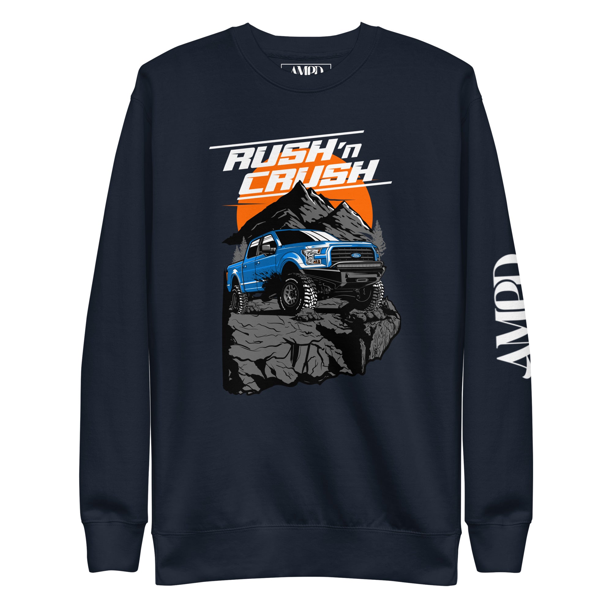 Rush n' Crush Off-Road Sweatshirt | AMPD featuring a blue truck on a rocky landscape with mountain backdrop