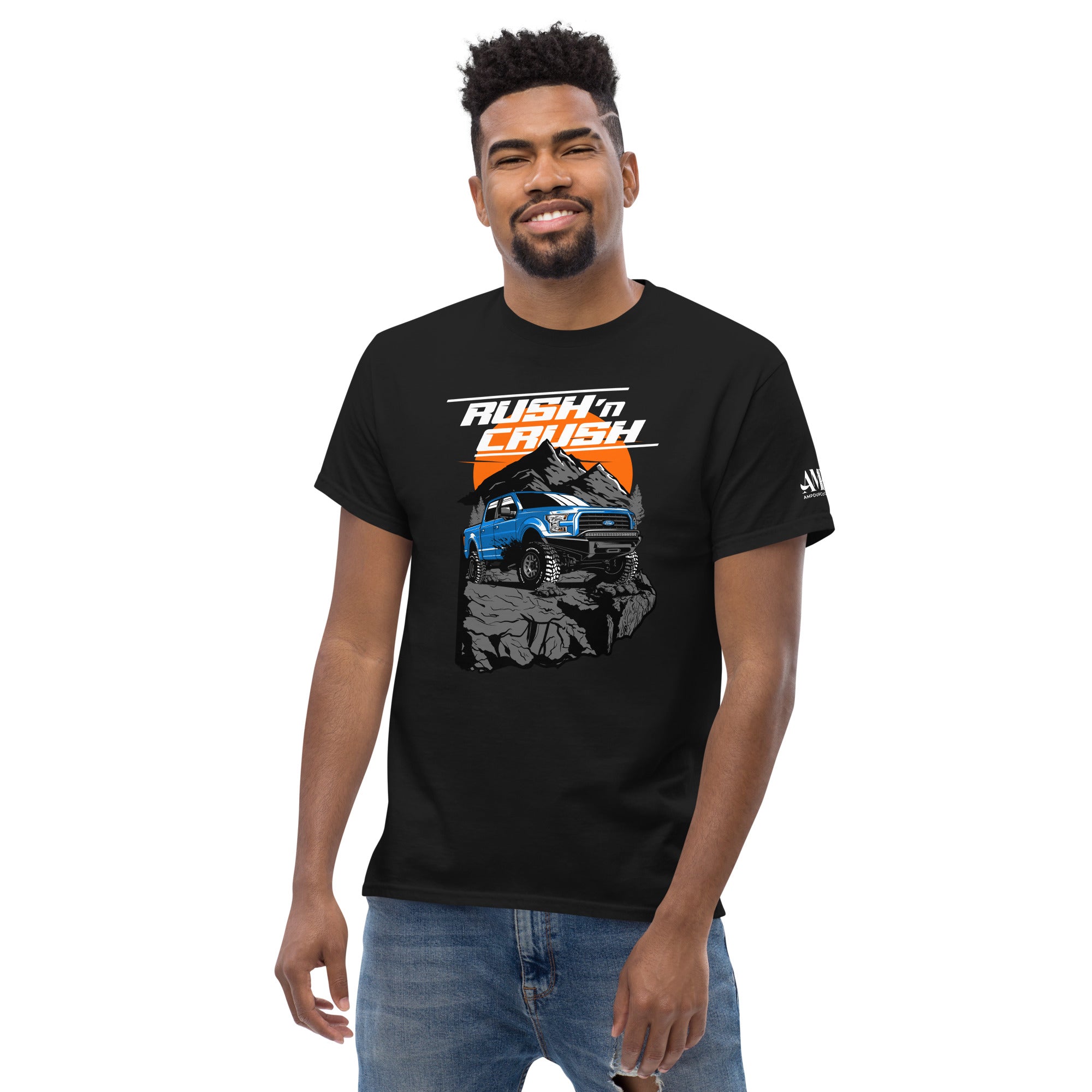 Rush n Crush Off-Road T-Shirt | AMPD featuring a bold truck graphic on a black background