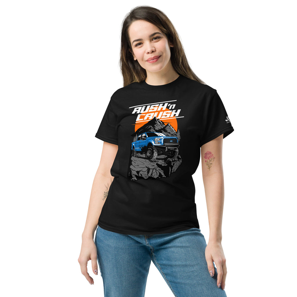 Rush n Crush Off-Road T-Shirt | AMPD featuring a bold graphic of an off-road vehicle on a black shirt
