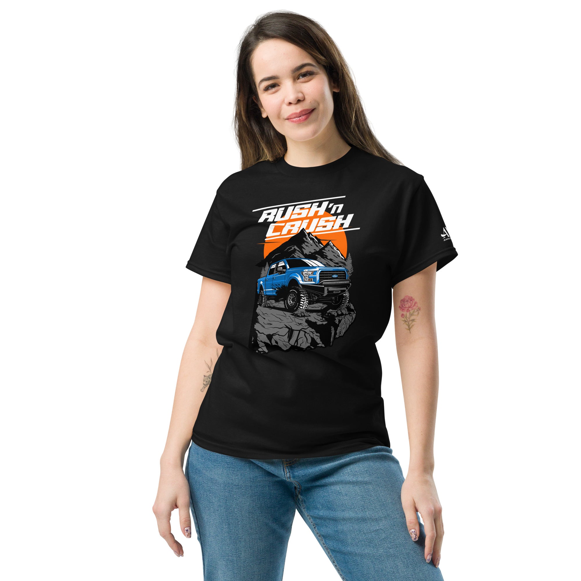 Rush n Crush Off-Road T-Shirt | AMPD featuring a bold graphic of an off-road vehicle on a black shirt