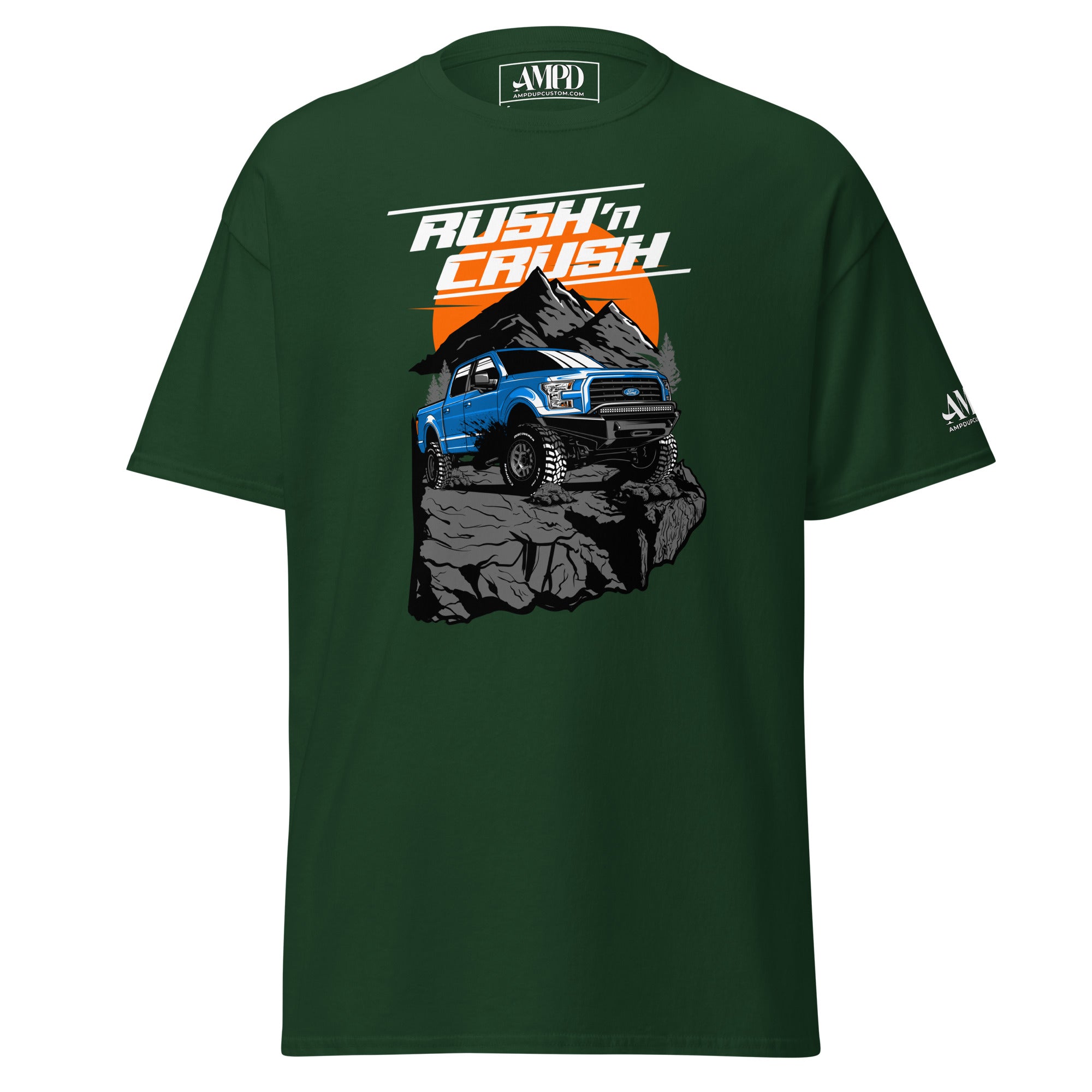 Rush n Crush Off-Road T-Shirt | AMPD featuring a blue off-road truck on a rocky terrain