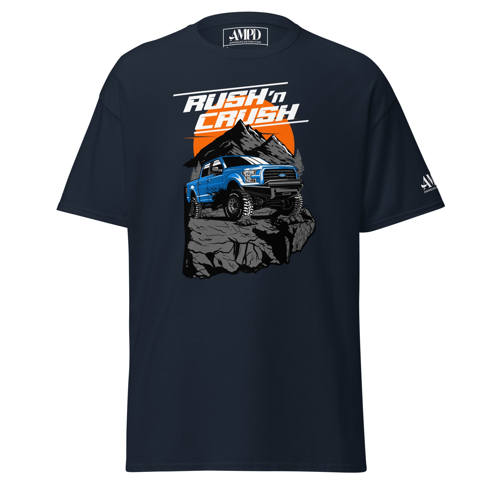Rush n Crush Off-Road T-Shirt | AMPD featuring a blue truck on a rocky backdrop with vibrant graphics