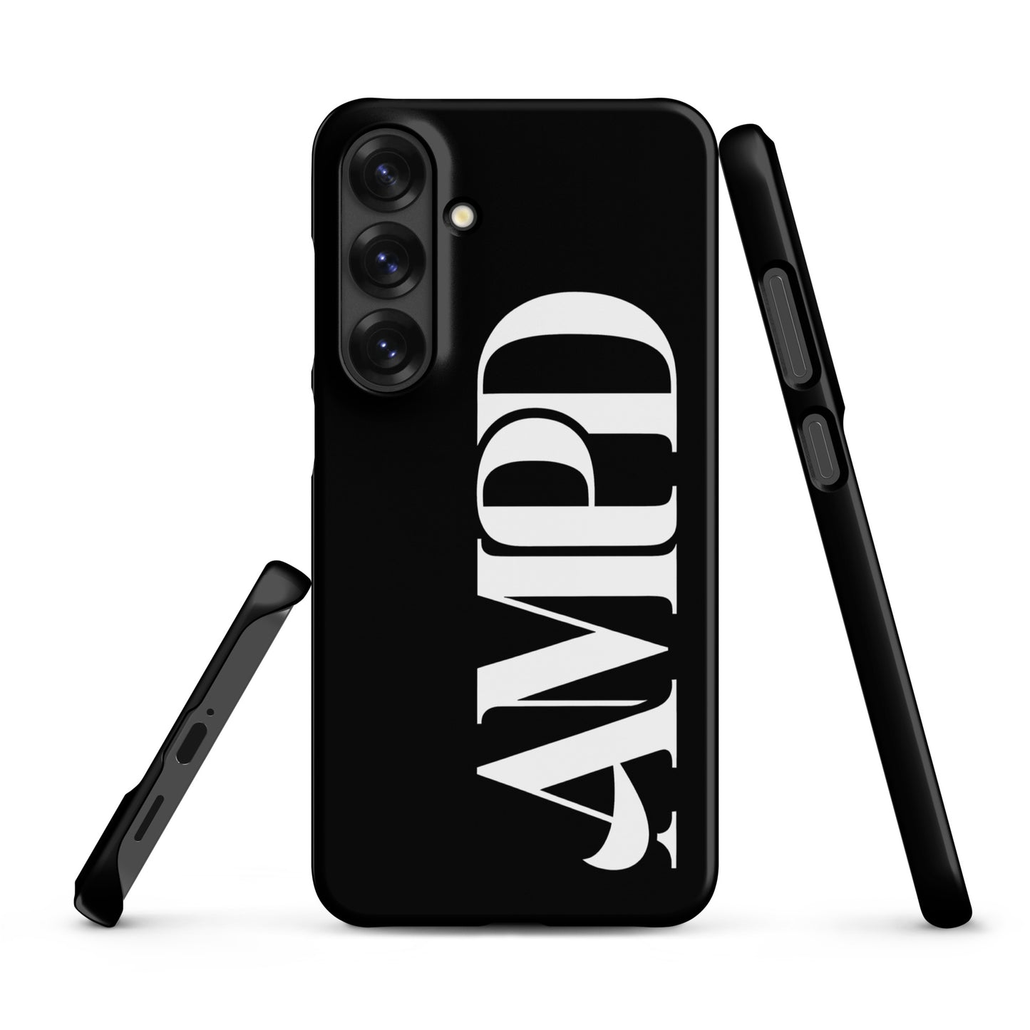 AMPD Snap case for Samsung Galaxy S25® in black featuring a bold white logo design