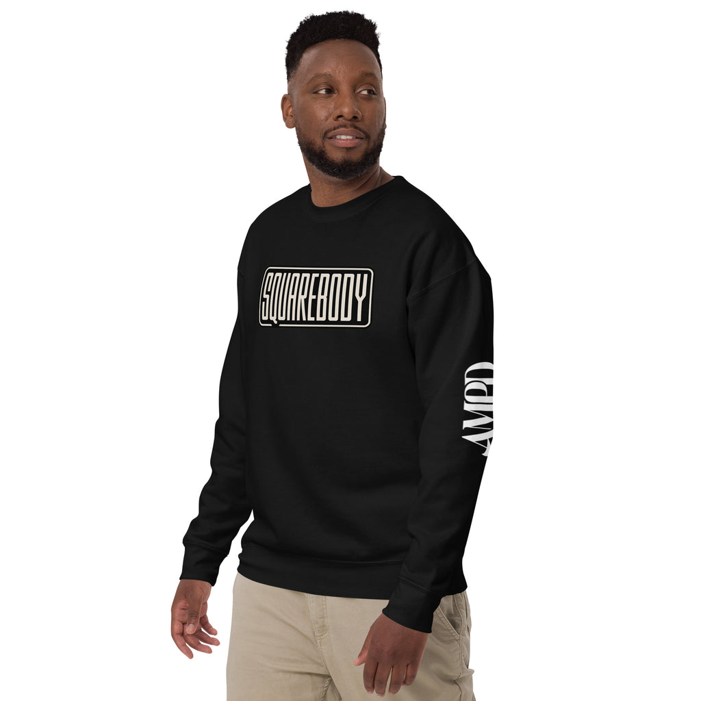 Men's black Squarebody Graphic Sweatshirt | AMPD with bold logo on front and sleeve