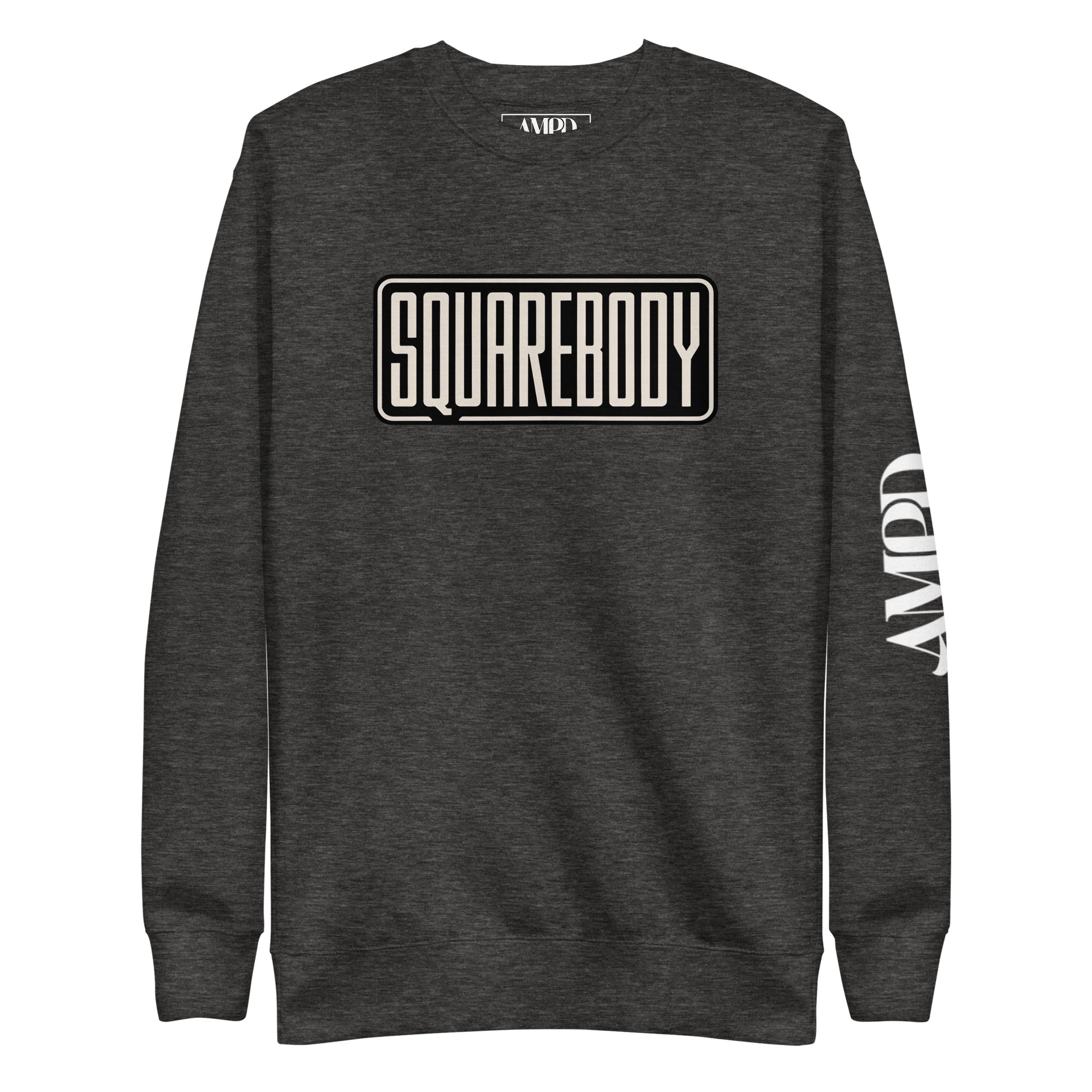 Amp'd Up Custom Squarebody Graphic Sweatshirt in dark gray with bold lettering and logo