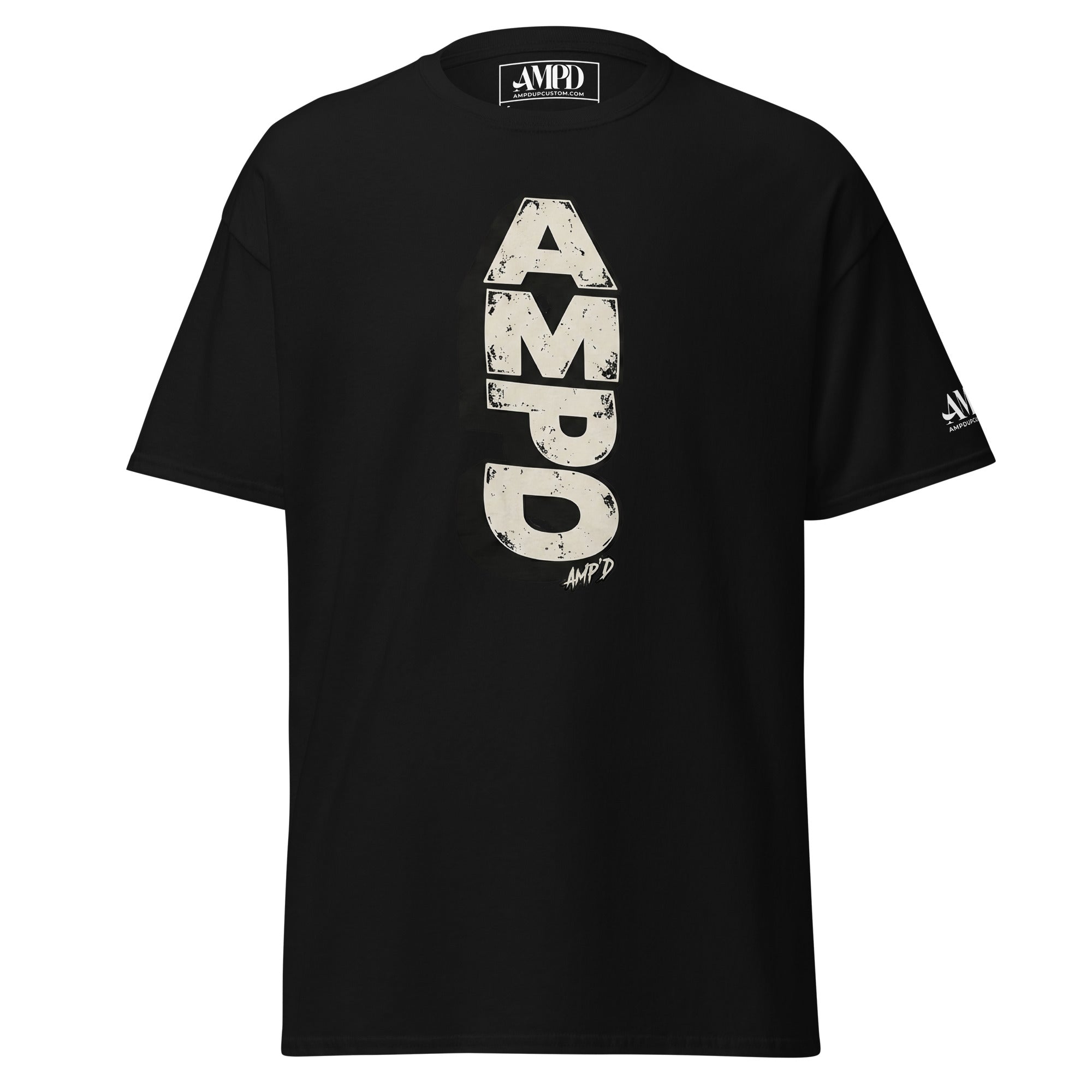 Stacked AMPD Logo T-Shirt in black featuring a bold, distressed AMPD design on the front
