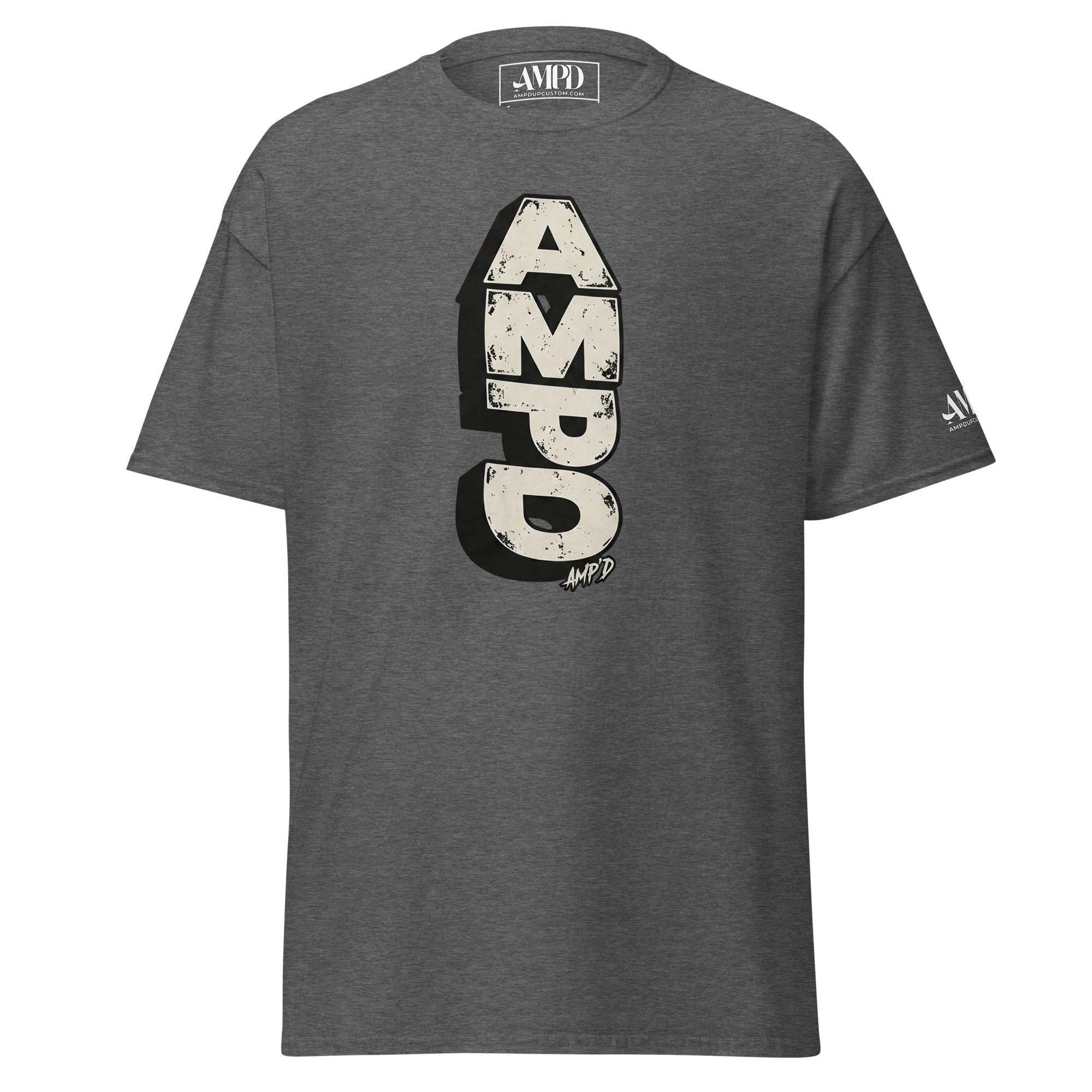 Gray Stacked AMPD Logo T-Shirt from Amp'd Up Custom with bold graphic design