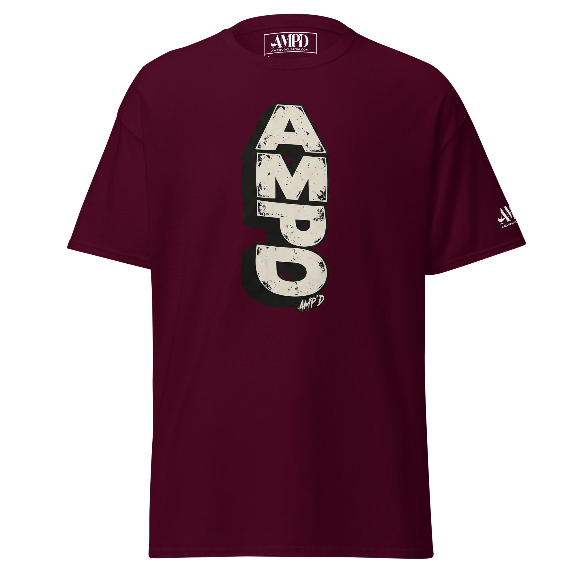 Stacked AMPD Logo T-Shirt in Burgundy featuring a bold graphic design on the front