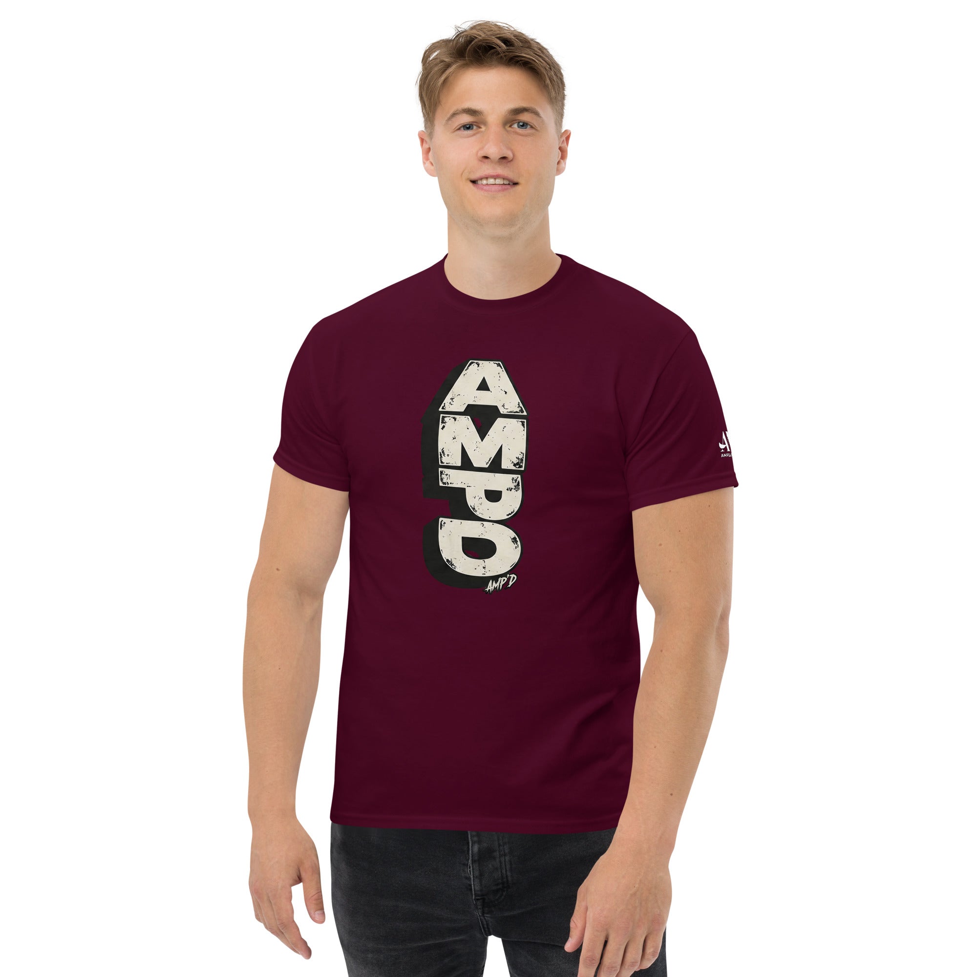 Stacked AMPD Logo T-Shirt in maroon color, featuring a bold graphic design for stylish casual wear