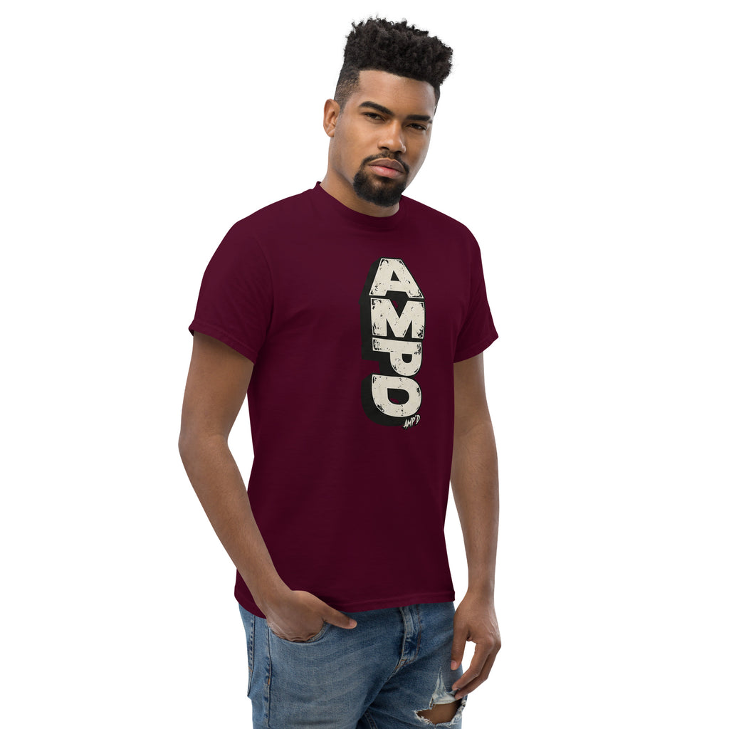 Man wearing a maroon Stacked AMPD Logo T-Shirt from Amp'd Up Custom with a stylish design
